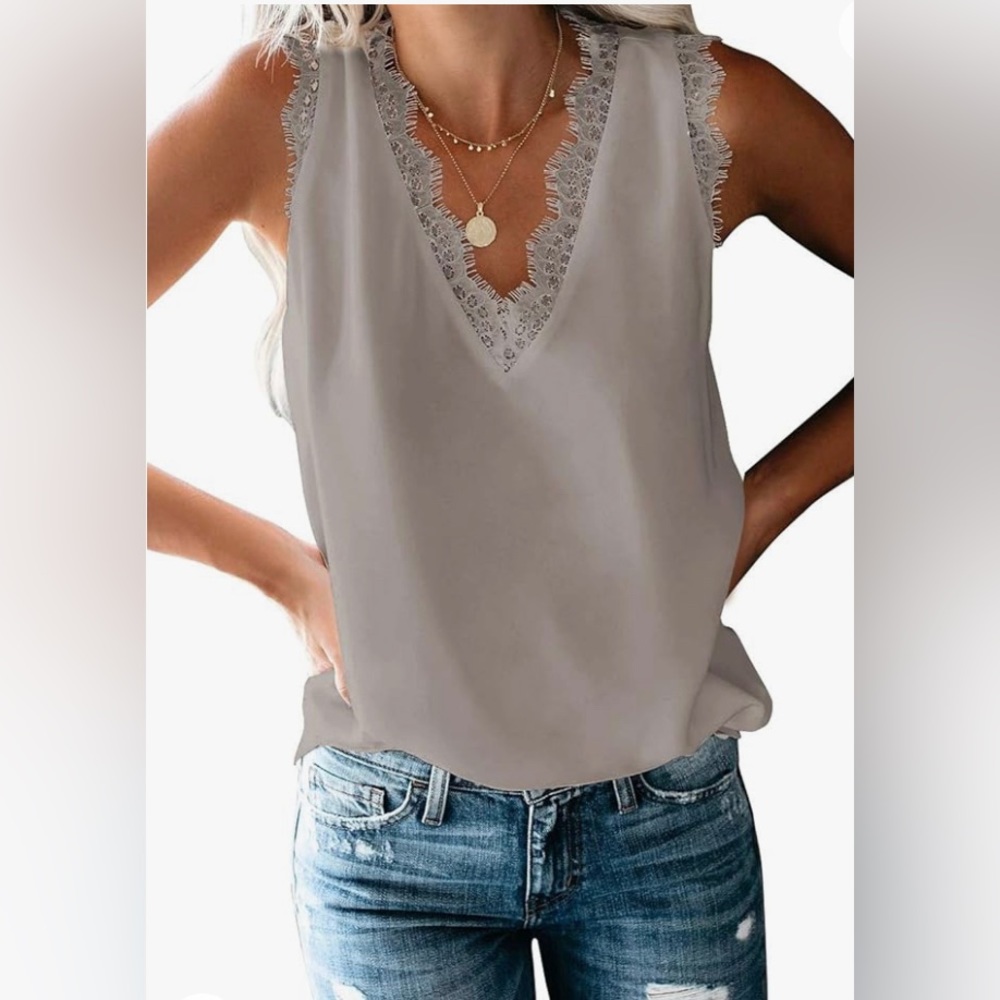 Gray Lace Trim Sleeveless Blouse Size S